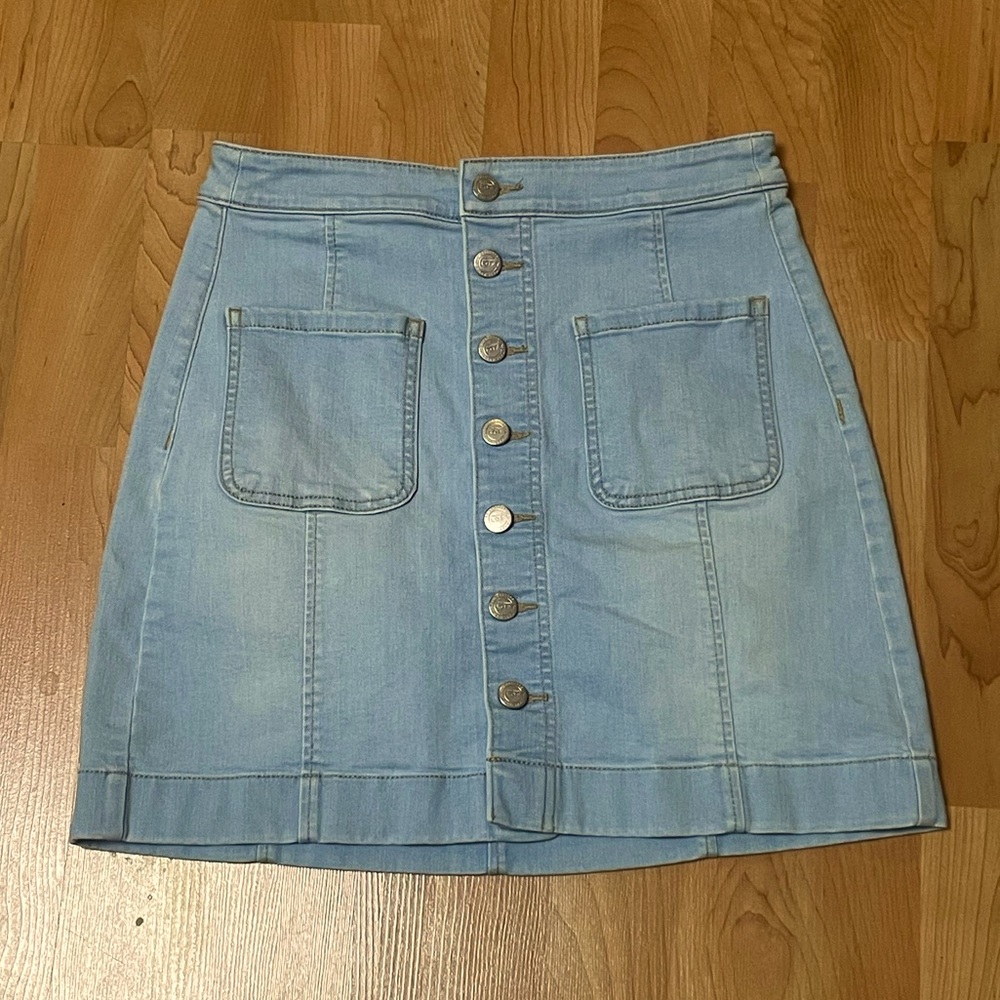 Ann Taylor Loft Size 00 Denim Button Front Mini Skirt Pockets Light Wash